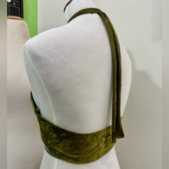 Olive Green Velvet Cross Halter Top - Picture 2 of 4